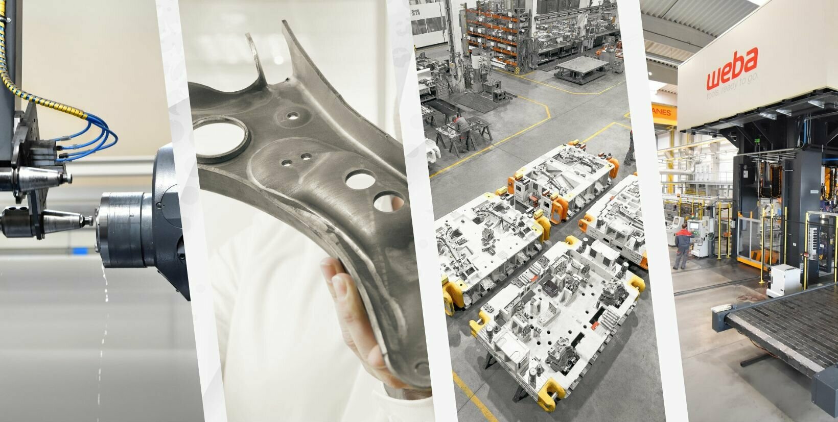 weba Werkzeugbau – Präzision und Innovation in der Umformtechnik Blick in den Werkzeugbau von weba: CNC-Bearbeitung, Bauteilprüfung, Werkzeugsätze und Warmumformpresse in moderner Fertigungshalle.