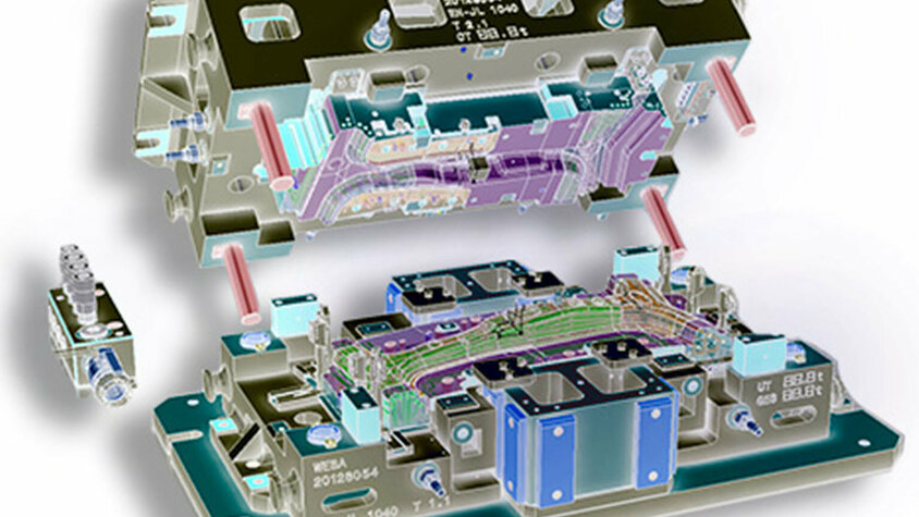 3D-Modell eines Tailored Tempering bzw. SoftZone Warmumformwerkzeuges auf weißem Hintergrund. Das Foto symbolisiert Arbeitskultur in einem innovativen Umfeld bei weba sowie Karrierechancen in Steyr beim Technologieführer.