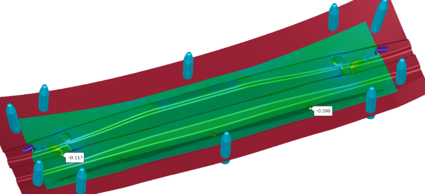 Digitale Blechumformsimulation eines Seitenaufprallträgers zur Validierung der Umformmethodik. Die Simulation zeigt Materialflüsse, Spannungsverteilungen und kritische Bereiche für eine optimierte Bauteilfertigung.