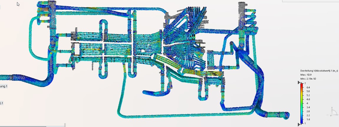 Computational Fluid Dynamics (CFD) simulation of a cooling concept for a forming tool. The visualization shows the flow distribution within the cooling channels to maximize thermal efficiency and prevent hotspots.